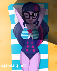 Size: 1024x1265 | Tagged: safe, artist:danielitamlp, imported from derpibooru, sci-twi, twilight sparkle, equestria girls, equestria girls series, arm behind head, armpits, breasts, busty sci-twi, busty twilight sparkle, clothes, female, glasses, legs together, looking at you, one eye closed, one-piece swimsuit, sci-twi swimsuit, signature, smiling, solo, swimsuit, wink