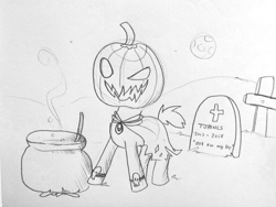 Size: 1280x965 | Tagged: safe, artist:tjpones, imported from derpibooru, pony, cauldron, cloak, clothes, cross, gravestone, graveyard, grayscale, halloween, holiday, jack-o-lantern, lineart, monochrome, moon, night, pumpkin, pumpkin head, simple background, skull, solo, spooky, traditional art