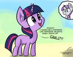 Size: 1384x1091 | Tagged: safe, artist:artiks, imported from derpibooru, twilight sparkle, twilight velvet, unicorn, artiks is trying to murder us, cute, dialogue, exclamation point, female, filly, filly twilight sparkle, interrobang, mare, offscreen character, question mark, story in the comments, twiabetes, unicorn twilight, weapons-grade cute, younger