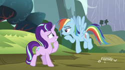 Size: 1334x750 | Tagged: safe, imported from derpibooru, screencap, rainbow dash, starlight glimmer, pegasus, pony, unicorn, no second prances, discovery family logo, duo, female, flying, lidded eyes, looking at each other, mare, nervous, nervous grin, sheepish grin, spread wings, unimpressed, wings