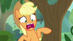 Size: 1280x720 | Tagged: safe, imported from derpibooru, screencap, applejack, earth pony, pony, sounds of silence, female, mare, open mouth, screaming, solo