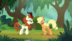 Size: 1280x720 | Tagged: safe, imported from derpibooru, screencap, applejack, autumn blaze, earth pony, kirin, pony, sounds of silence, angry, applejack's hat, cowboy hat, duo, female, frustrated, hat, lidded eyes, mare, stetson