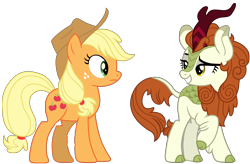 Size: 12374x8141 | Tagged: safe, artist:ejlightning007arts, imported from derpibooru, applejack, autumn blaze, earth pony, kirin, pony, sounds of silence, absurd resolution, cloven hooves, context is for the weak, cowboy hat, duo, female, freckles, hat, lidded eyes, mare, raised hoof, simple background, smiling, stetson, transparent background, vector