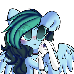 Size: 2000x2000 | Tagged: safe, artist:thieftea, imported from derpibooru, oc, oc only, oc:liz, pegasus, pony, rabbit, :t, blushing, chibi, collar, cute, ear piercing, female, floppy ears, mare, ocbetes, piercing, plushie, pouting, simple background, solo, weapons-grade cute, wings, ych result