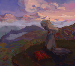 Size: 1910x1698 | Tagged: safe, artist:malinetourmaline, imported from derpibooru, earth pony, pony, art trade, female, looking away, mare, mountain, scenery, solo