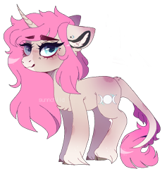 Size: 730x770 | Tagged: safe, artist:forestspirit, imported from derpibooru, oc, oc only, oc:tarot, classical unicorn, pony, unicorn, blushing, cloven hooves, curved horn, digital art, ear piercing, female, floppy ears, freckles, horn, leonine tail, long mane, long tail, mare, palomino, piercing, pink mane, pixel art, simple background, smiling, solo, transparent background, unshorn fetlocks, ych result