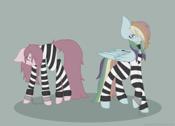 Size: 1024x743 | Tagged: safe, artist:deadlyartist979, imported from derpibooru, pinkie pie, rainbow dash, alternate universe, clothes, cuffs, duo, never doubt rainbowdash69's involvement, pinkamena diane pie, prison outfit, prison stripes, prisoner, prisoner pp, prisoner rd, sad, shackles