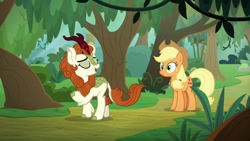 Size: 1280x720 | Tagged: safe, imported from derpibooru, screencap, applejack, autumn blaze, earth pony, kirin, pony, sounds of silence, duo, eyes closed, female, forest, mare, path