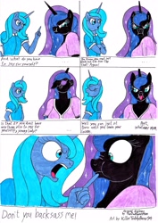 Size: 2476x3488 | Tagged: safe, artist:killerteddybear94, imported from derpibooru, nightmare moon, princess luna, anthro, :p, brat, comic, cute, dialogue, duo, duo female, female, madorable, moonabetes, s1 luna, shaming, silly, tongue out