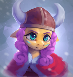 Size: 1100x1153 | Tagged: safe, artist:rodrigues404, imported from derpibooru, fluttershy, pony, abstract background, alternate hairstyle, bust, clothes, coat, cute, face paint, female, floppy ears, helmet, horned helmet, mare, portrait, shyabetes, solo, viking, viking helmet