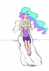 Size: 2480x3594 | Tagged: safe, artist:franschesco, imported from derpibooru, princess celestia, spike, human, barefoot, bed, breasts, busty princess celestia, cute, cutelestia, feet, horned humanization, human coloration, humanized, light skin, looking up, momlestia, spikabetes, winged humanization, wings