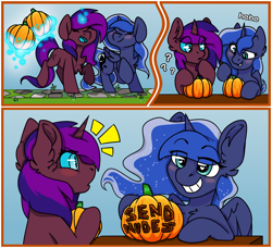 Size: 2260x2060 | Tagged: safe, artist:spoopygander, imported from derpibooru, princess luna, oc, oc:feiya waull, alicorn, pony, unicorn, chest fluff, comic, cute, ear fluff, halloween, holiday, implied canon x oc, implied lesbian, implied shipping, levitation, magic, meme, multicolored mane, pumpkin, telekinesis