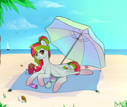 Size: 1995x1675 | Tagged: safe, artist:bestiary, imported from derpibooru, oc, oc only, oc:watermelana, pegasus, pony, beach, beach umbrella, boat, female, food, freckles, french fries, gradient hooves, looking at you, mare, solo, sunbathing, sunglasses, towel