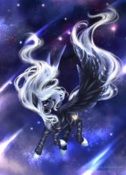 Size: 3000x4154 | Tagged: safe, artist:evanrank, imported from derpibooru, oc, oc only, oc:star chaser, pegasus, pony, commission, female, large wings, looking back, looking up, shooting stars, solo, space, stars, wings