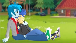 Size: 1600x900 | Tagged: safe, artist:supermaxx92, imported from derpibooru, flash sentry, thunderbass, human, equestria girls, camp everfree, converse, gay, humanized, male, nap, shipping, shoes, sleeping, thunderflash