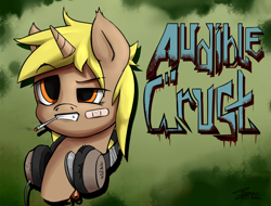 Size: 1280x974 | Tagged: safe, artist:r5on11c, imported from derpibooru, pony, unicorn, bandaid, blonde, cigarette, female, headphones, orange eyes