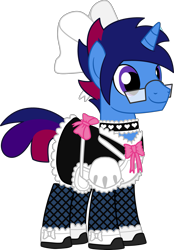 Size: 2241x3223 | Tagged: safe, artist:evilfrenzy, deleted from derpibooru, edit, editor:feathertrap, imported from derpibooru, vector edit, oc, oc only, oc:marquis majordome, pony, unicorn, 1000 hours in gimp, bow, choker, clothes, crossdressing, cute, dress, fishnet clothing, fishnets, french maid, glasses, hair bow, maid, male, simple background, solo, stallion, transparent background, vector