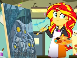 Size: 992x749 | Tagged: safe, artist:terry, edit, edited screencap, editor:gay-horse, imported from derpibooru, screencap, sunset shimmer, owl, eqg summertime shorts, equestria girls, the art of friendship, baby, exploitable meme, female, meme, mother, painting, rain, solo, sunset's painting