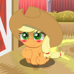 Size: 1500x1500 | Tagged: safe, artist:spellboundcanvas, imported from derpibooru, applejack, earth pony, pony, barn, blushing, cute, female, filly, filly applejack, freckles, hat, hay, jackabetes, smiling, solo, weapons-grade cute, younger