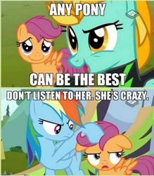 Size: 842x960 | Tagged: dead source, useless source url, safe, edit, edited screencap, imported from derpibooru, screencap, lightning dust, rainbow dash, scootaloo, the washouts (episode), comic, floppy ears, image macro, meme, screencap comic, text