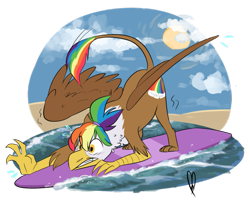 Size: 999x799 | Tagged: safe, artist:maxiima, imported from derpibooru, oc, oc only, oc:rainbow feather, griffon, interspecies offspring, magical lesbian spawn, offspring, parent:gilda, parent:rainbow dash, parents:gildash, simple background, solo, sun, surfboard, surfing, transparent background, unbalanced, water