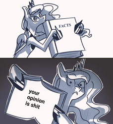 Size: 1080x1186 | Tagged: safe, artist:askbestprincessluna, edit, editor:apex soundwave, imported from derpibooru, princess luna, alicorn, pony, black and white, ed edd n eddy, exploitable meme, facts, female, grayscale, image macro, luna's fact book, mare, meme, monochrome, opinion, solo, text, vulgar