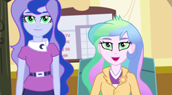 Size: 1280x714 | Tagged: safe, edit, edited screencap, editor:slayerbvc, imported from derpibooru, screencap, princess celestia, princess luna, equestria girls, rainbow rocks, celestia's office, female, hypnosis, hypnotized, implied dazzlings, no makeup edit, principal celestia, vice principal luna