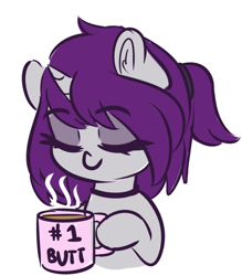 Size: 1280x1460 | Tagged: safe, artist:wickedsilly, imported from derpibooru, oc, oc only, oc:wicked silly, pony, unicorn, choker, coffee, cup, cute, drink, eyes closed, female, hoof hold, mare, mug, simple background, smiling, solo, white background