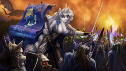 Size: 1920x1080 | Tagged: safe, artist:willhemtier, imported from derpibooru, oc, oc:platinum decree, anthro, dragon, unicorn, armor, banner, battlefield, charge, charging, ear piercing, earring, jewelry, looking at you, piercing, rapier, scenery, sword, war, weapon