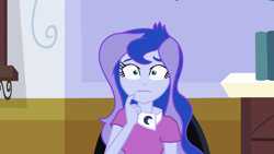 Size: 1280x720 | Tagged: safe, edit, edited screencap, editor:slayerbvc, imported from derpibooru, screencap, princess luna, equestria girls, photo finished, :i, cute, female, luna's office, lunabetes, no makeup edit, solo, thinking, vice principal luna