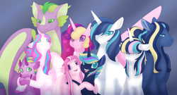 Size: 2771x1500 | Tagged: safe, artist:clay-bae, artist:nobleclay, imported from derpibooru, princess cadance, princess flurry heart, shining armor, spike, oc, oc:agape heart, oc:draconus, oc:eros heart, oc:pure heart, oc:rythmic beat, alicorn, dracony, dragon, hybrid, pegasus, pony, unicorn, adult, adult spike, colored pupils, family photo, female, floppy ears, flurryspike, holding, hug, interspecies offspring, male, offspring, older, older flurry heart, older spike, parent:princess cadance, parent:princess flurry heart, parent:shining armor, parent:spike, parents:flurryspike, parents:shiningcadance, shiningcadance, shipping, straight, winged spike, wings