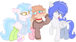 Size: 1024x571 | Tagged: safe, artist:bezziie, imported from derpibooru, oc, oc only, earth pony, pegasus, pony, unicorn, clothes, female, mare, scarf, simple background, socks, sweater, transparent background