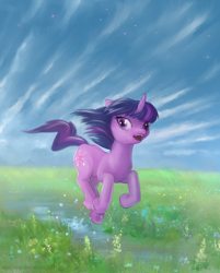 Size: 1200x1496 | Tagged: safe, artist:vyazinrei, imported from derpibooru, twilight sparkle, pony, unicorn, female, looking back, mare, open mouth, puddle, running, solo, unicorn twilight