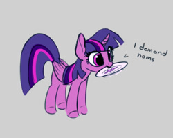 Size: 750x600 | Tagged: safe, artist:lollipony, imported from derpibooru, twilight sparkle, alicorn, pony, no second prances, behaving like a cat, behaving like a dog, bronybait, cute, dialogue, eye clipping through hair, featured image, female, gray background, hungry, i demand noms, mare, mouth hold, nom, plate, pony pet, proper silverware placement, scene interpretation, simple background, smiling, solo, text, twiabetes, twilight cat, twilight dog, twilight sparkle (alicorn)