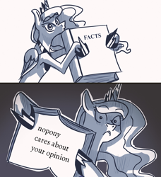 Size: 1080x1186 | Tagged: safe, artist:askbestprincessluna, edit, editor:apex soundwave, imported from derpibooru, princess luna, alicorn, pony, black and white, ed edd n eddy, exploitable meme, facts, female, grayscale, luna's fact book, mare, meme, monochrome, nobody cares, opinion, solo, text