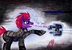 Size: 2987x2095 | Tagged: safe, artist:thechrispony, imported from derpibooru, tempest shadow, pony, unicorn, armor, crossover, darkness, dead space, eye scar, female, horn, magic, mare, marker (dead space), plasma cutter, scar, solo, spacesuit, sparking horn, telekinesis, text, traditional art