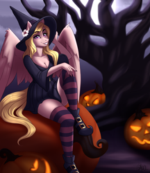 Size: 2595x3000 | Tagged: safe, artist:fairdahlia, imported from derpibooru, oc, oc only, oc:vee, anthro, pegasus, anthro oc, breasts, cleavage, clothes, commission, female, halloween, hat, high res, holiday, jack-o-lantern, lipstick, looking at you, mare, pumpkin, shoes, sitting, socks, solo, striped socks, witch, witch costume, witch hat, ych result