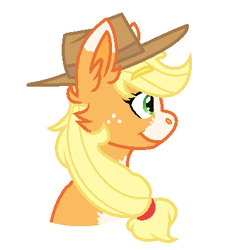 Size: 367x398 | Tagged: safe, artist:medicalmysteries, imported from derpibooru, applejack, earth pony, pony, blaze (coat marking), bust, cheek fluff, coat markings, facial markings, female, freckles, hat, mare, markings, pale belly, side view, simple background, smiling, solo, white background