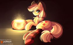 Size: 3888x2423 | Tagged: safe, artist:airiniblock, imported from derpibooru, part of a set, applejack, earth pony, pony, butt, clothes, cowboy hat, cute, featureless crotch, female, halloween, hat, holiday, jack-o-lantern, mare, patreon, patreon logo, plot, pumpkin, rcf community, smiling, socks, solo, stetson, striped socks