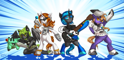 Size: 1013x491 | Tagged: safe, artist:php154, artist:trojan-pony, imported from derpibooru, pony, semi-anthro, bipedal, commission, console ponies, dreamcast, gamecube, guitar, guitar hero, musical instrument, playstation 2, ponified, rhythm game, xbox