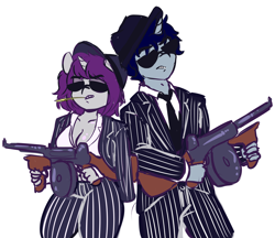 Size: 4766x4126 | Tagged: safe, artist:wickedsilly, imported from derpibooru, oc, oc only, oc:sleepy head, oc:wicked silly, anthro, unicorn, absurd resolution, anthro oc, breasts, cleavage, clothes, female, gangster, glasses, gun, hat, male, mobster, necktie, oc x oc, pinstripes, ponysona, shipping, simple background, straight, suit, sunglasses, tommy gun, weapon, white background, wickedsleepy