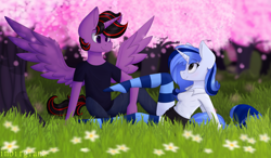 Size: 1024x597 | Tagged: safe, artist:imbirgiana, imported from derpibooru, oc, oc:imbirgiana, oc:krulaks, alicorn, anthro, plantigrade anthro, unicorn, blushing, cherry blossoms, cherry tree, clothes, couple, feet, female, flower, flower blossom, grass, jeans, lifted leg, looking at each other, male, pants, shirt, skirt, skirt lift, socks, striped socks, t-shirt, thigh highs, tree