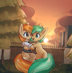 Size: 2001x2018 | Tagged: safe, artist:mirroredsea, imported from derpibooru, oc, oc only, oc:minty pop, oc:parlay, pony, bench, clothes, commission, cottagecore, cute, cutie mark, female, hug, lesbian, looking at each other, mare, necktie, oc x oc, ocbetes, parpop, shipping, shirt, smiling, sunset, tree, vest