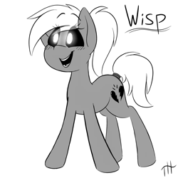 Size: 2160x2160 | Tagged: safe, artist:fakskis, imported from derpibooru, oc, oc only, oc:wisp, ghost, black sclera, blushing, cutie mark, glowing eyes, monochrome, open mouth, ponytail, simple background, text, white background, white hair, white pupils