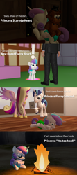 Size: 1920x4320 | Tagged: safe, artist:red4567, imported from derpibooru, princess cadance, princess flurry heart, shining armor, alicorn, human, pony, unicorn, comic:princess punny heart 2, 3d, baby, campfire, comic, dark, dark souls, diaper, exclamation point, eye, eyes, fire, flurry heart is not amused, funny, funny as hell, horror movie, pun, scared, source filmmaker, teddy bear, unamused