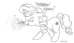 Size: 9520x5469 | Tagged: safe, artist:silverwing, imported from derpibooru, sugar belle, absurd resolution, female, fetish, messy, monochrome, mucus, nostril flare, nostrils, profile, sketch, sneeze cloud, sneeze spray, sneezing, sneezing fetish, snot, spit