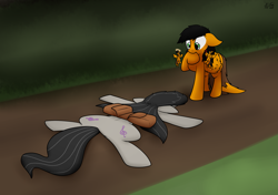 Size: 2843x1998 | Tagged: safe, artist:the-furry-railfan, imported from derpibooru, octavia melody, oc, oc:twintails, earth pony, pegasus, pony, biting, clothes, cloud, cloudy, dirt road, flattened, hoof biting, oops, overcast, saddle bag, scarf, shape change, shoulder angel, shoulder devil, story included, this will end in balloons, tree