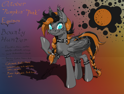 Size: 1600x1223 | Tagged: safe, artist:ravvij, imported from derpibooru, oc, oc only, oc:october equinox, bat, bat pony, pony, vampire, vampony, :t, autumn, bat wings, bounty hunter, bracelet, braid, butt, cheek fluff, chest fluff, collar, cute, cutie mark, ear fluff, ear freckles, ear piercing, ear tufts, eyebrow piercing, eyelashes, fangs, female, fluffy, food, freckles, goth, gradient background, halloween, highlights, hoof over mouth, jewelry, leg fluff, looking at you, mane, mare, moon, ocbetes, piercing, plot, punk, raised hoof, reference sheet, shoulder fluff, slit eyes, slit pupils, smiling, solo, spiked collar, spiked wristband, spread wings, tail, tail wrap, text, two toned mane, wall of tags, wing fluff, wing freckles, wings, wristband