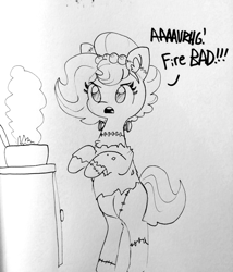 Size: 1280x1494 | Tagged: safe, artist:tjpones, imported from derpibooru, oc, oc only, oc:brownie bun, earth pony, pony, bipedal, female, fire, frankenstein's monster, lineart, mare, sketch, solo, traditional art