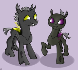 Size: 1024x927 | Tagged: safe, artist:atomfliege, imported from derpibooru, oc, oc:harvester, oc:warplix, changeling, changeling oc, duo, purple changeling, standing, yellow changeling